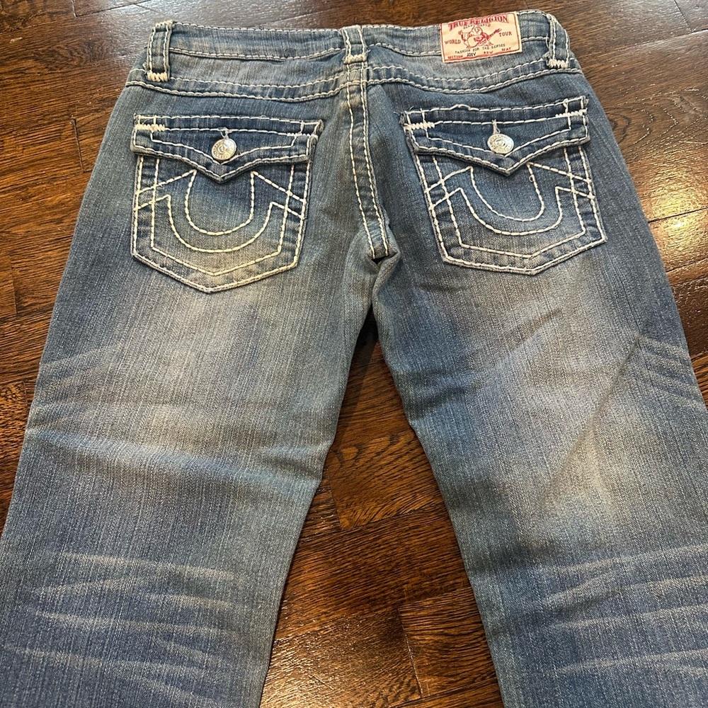 True Religion Blue Straight Leg Jeans with Distressed Look